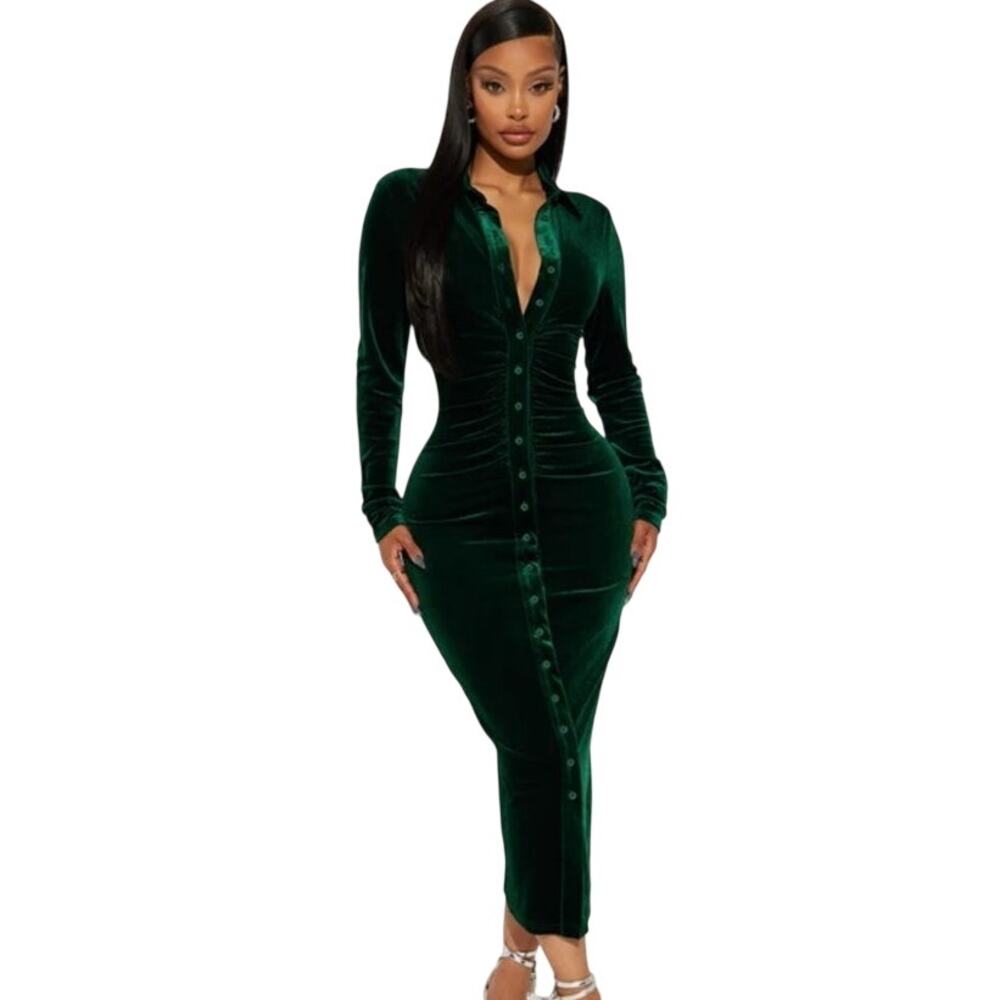 Fashion Nova Hunter Green Katie Velvet Midi Dress sz xl NWT